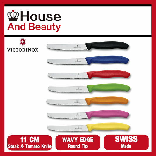6 x VICTORINOX SERRATED PISTOL GRIP STEAK TOMATO SAUSAGE KNIFE COLOURFUL 11CM